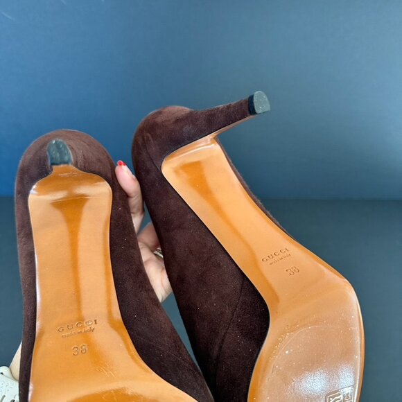 Gucci Cocoa Nappa Charlotte Platform Pumps Heels Size 38 - Picture 10 of 15